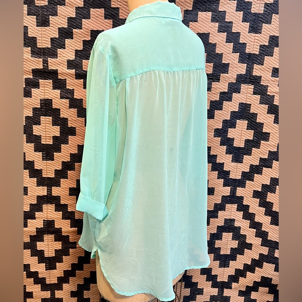 Seafoam aqua eyelet floral lace button down shirt blouse lightweight sheer beach - Picture 9 of 12